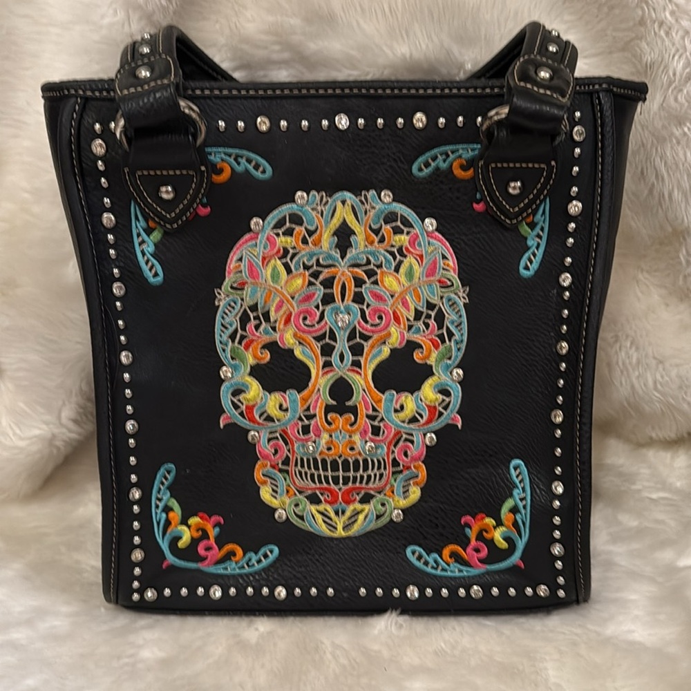 MONTANA WEST Large black Sugar Skull Collection purse. NWOT - Picture 2 of 10